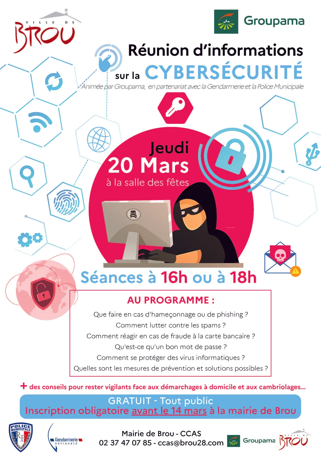 Affiche de la réunion d'informations sur la cybersécurité à brou,  le jeudi 20 mars 2025