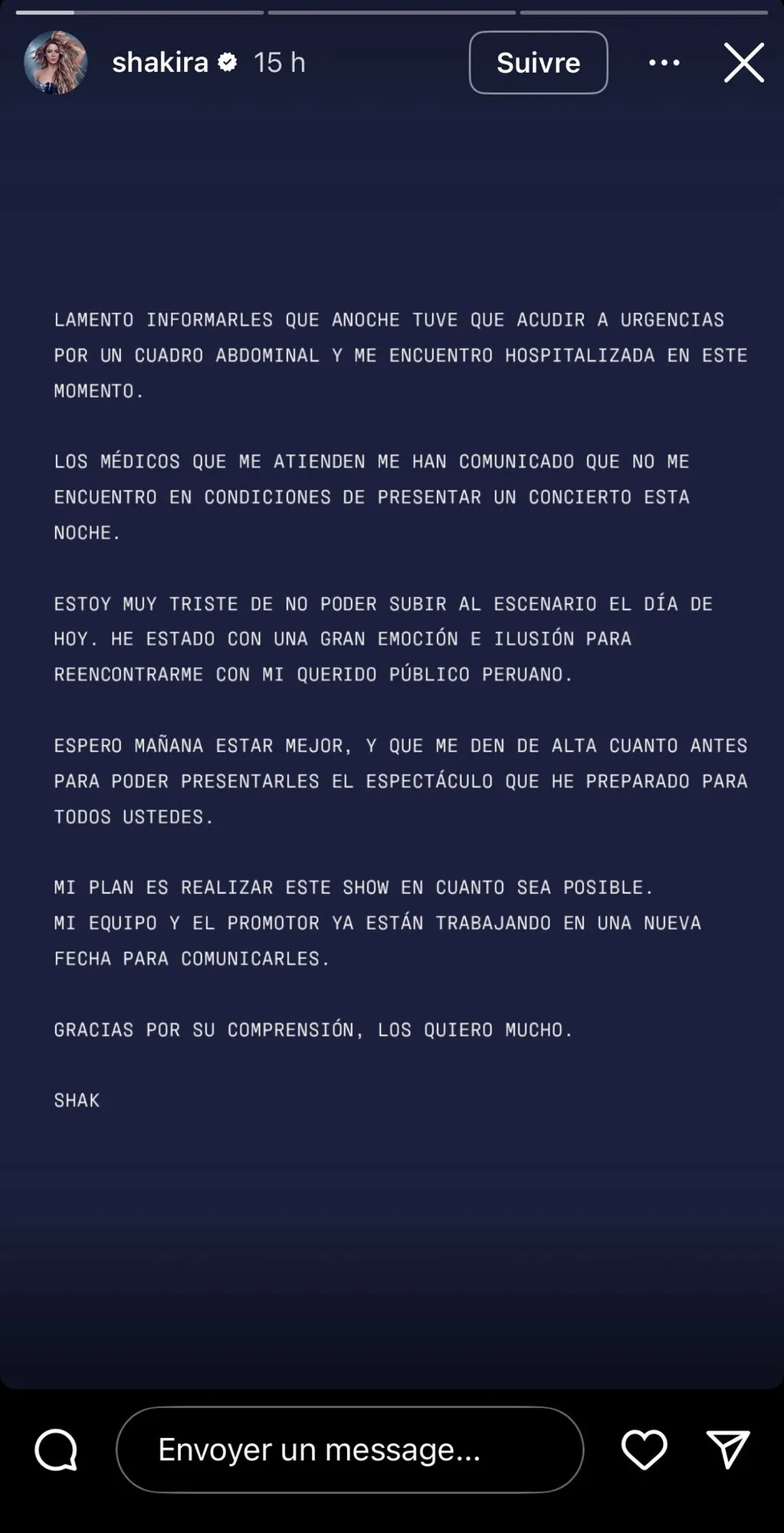 Shakira contrainte d'annuler son concert au Pérou suite à une hospitalisation