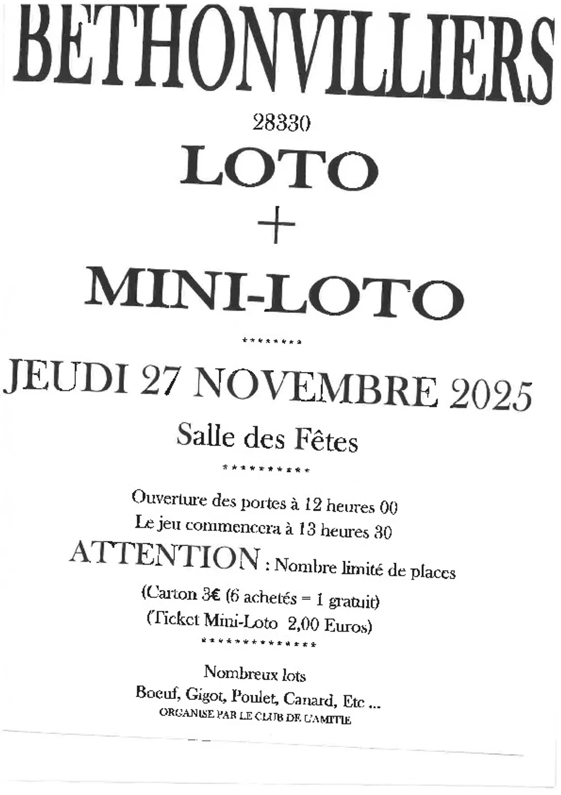 BÉTHONVILLIERS - Loto du club de l'amitié