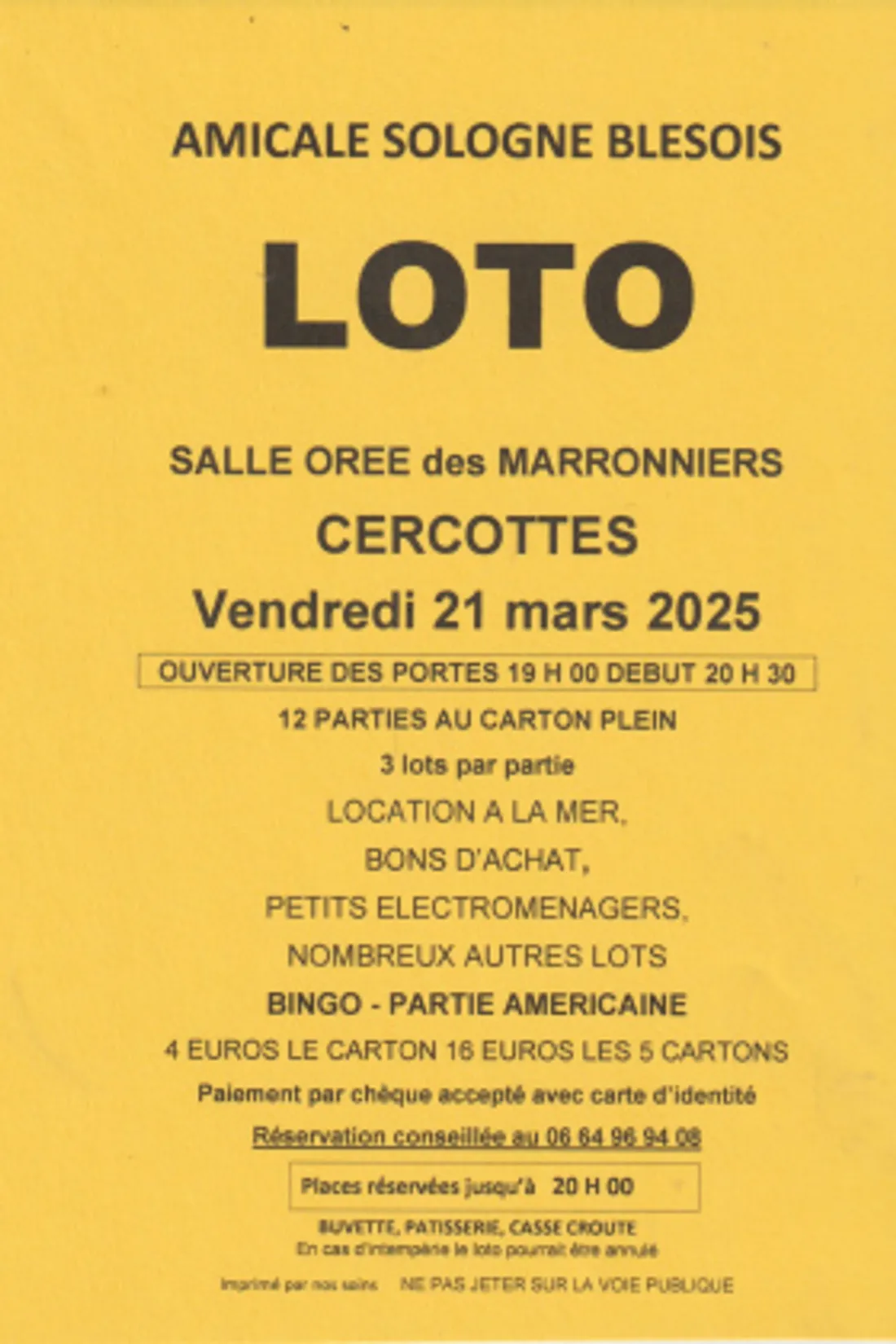 CERCOTTES (45) – Loto de l'Amicale Sologne Blésois