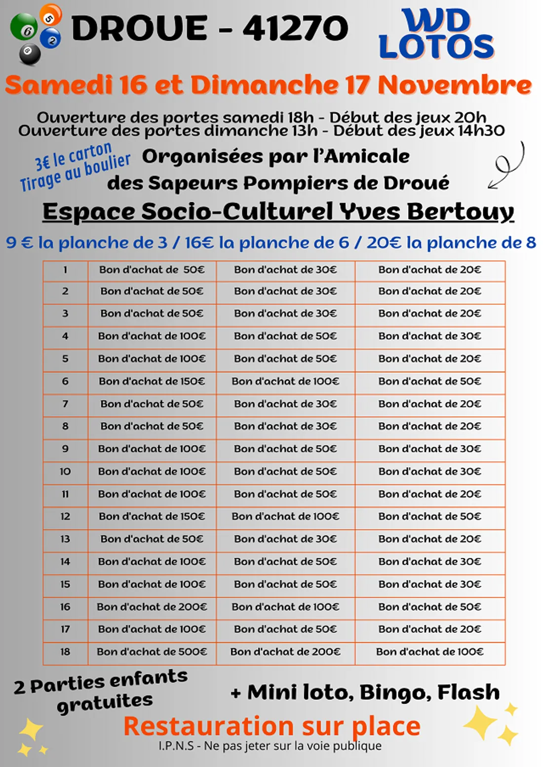 DROUÉ (41) - Loto de l'Amicale des sapeurs-pompiers