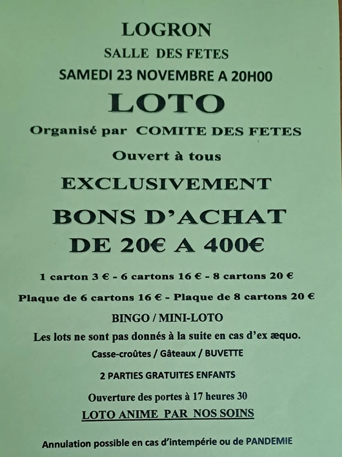 LOGRON - Loto du comité des fêtes