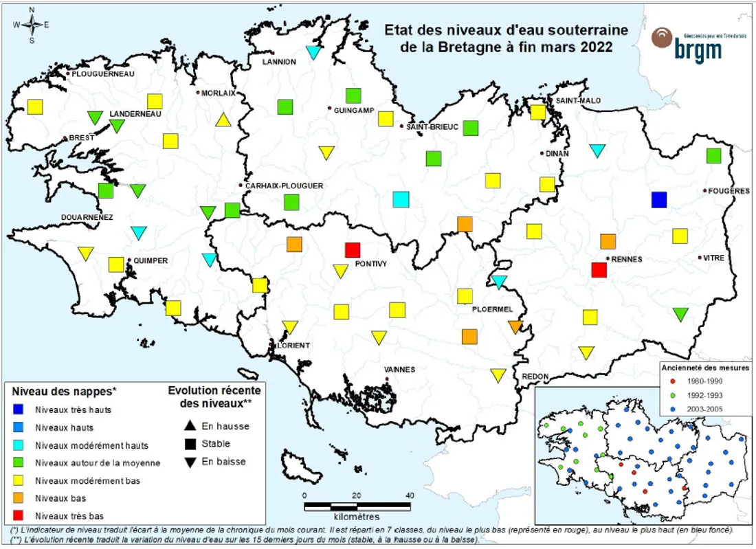 Le niveau des nappes phréatiques en Bretagne début mai 2022.