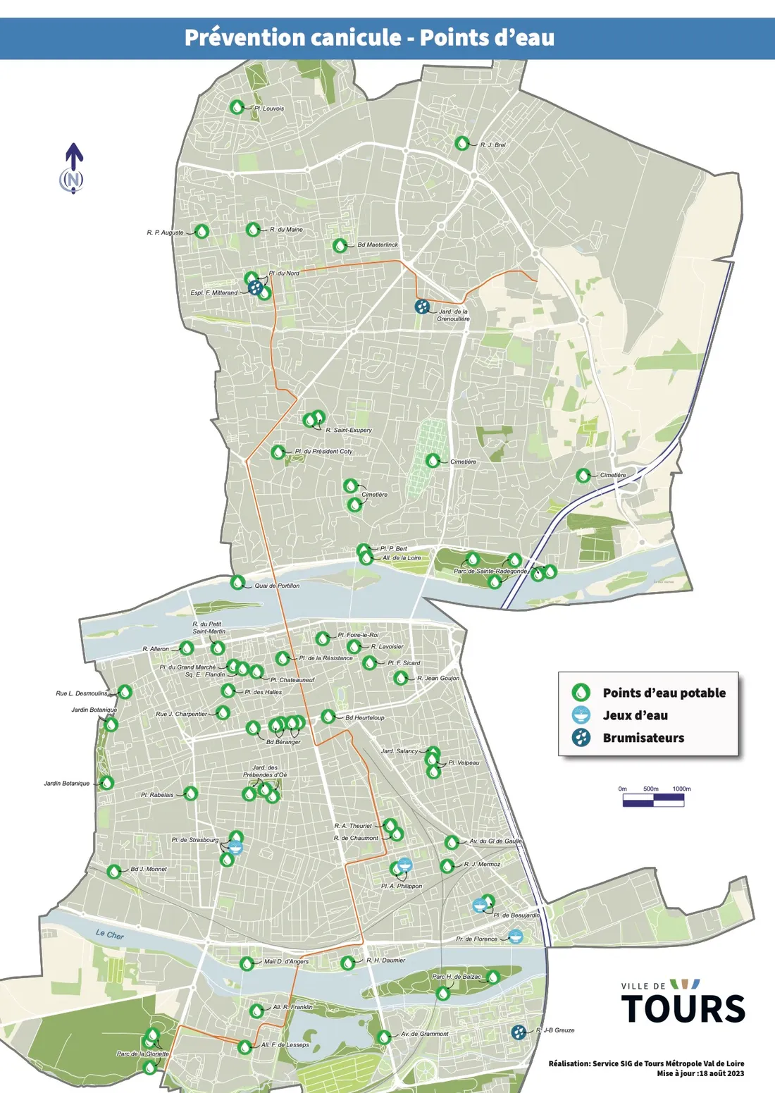 Points d'eau canicule recensés par la ville de Tours