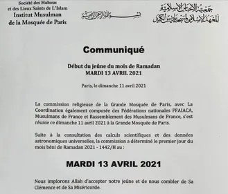 Le ramadan annoncé également le mardi 13 avril par la grande...