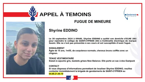 Pyrénées-Orientales :  Suite à l'appel à témoins, Shyrine, 15 ans,...
