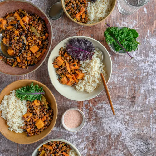Sauté de lentilles vertes aux carottes et riz basmati