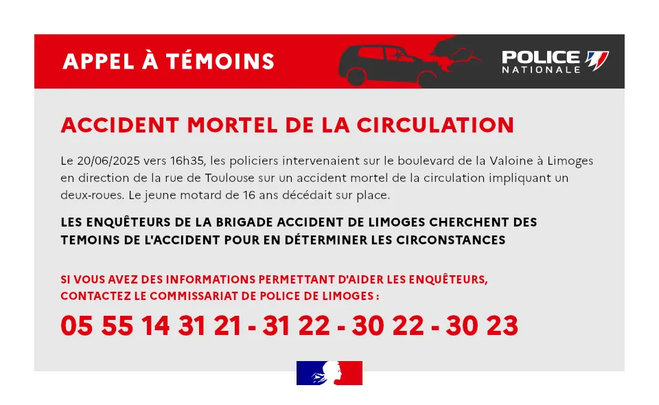 Appel à témoin accident de moto limoges 20 juin 2025