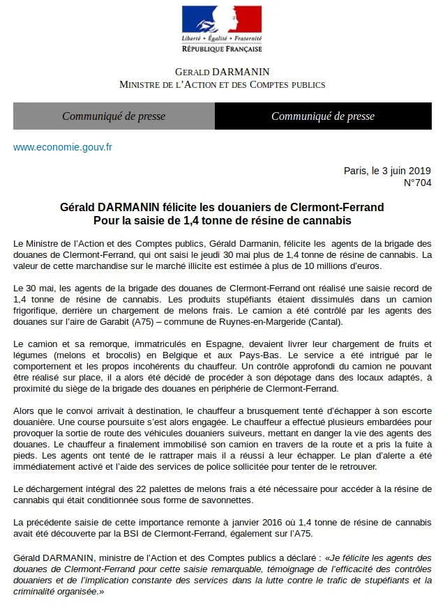 Saisie drogue Communiqué Bercy