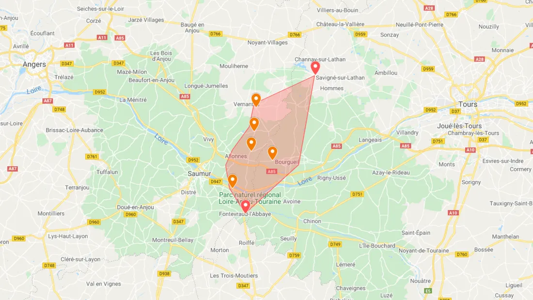 Carte Zone des incendies dans le Saumurois