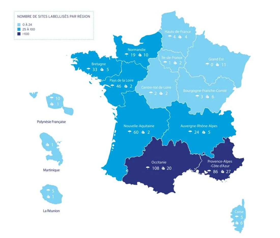 La carte des Pavillons Bleus 2023