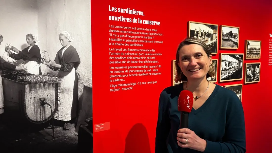 Céline Chanas, directrice du musée de Bretagne, devant l'exposition sur les Penn Sardin. 