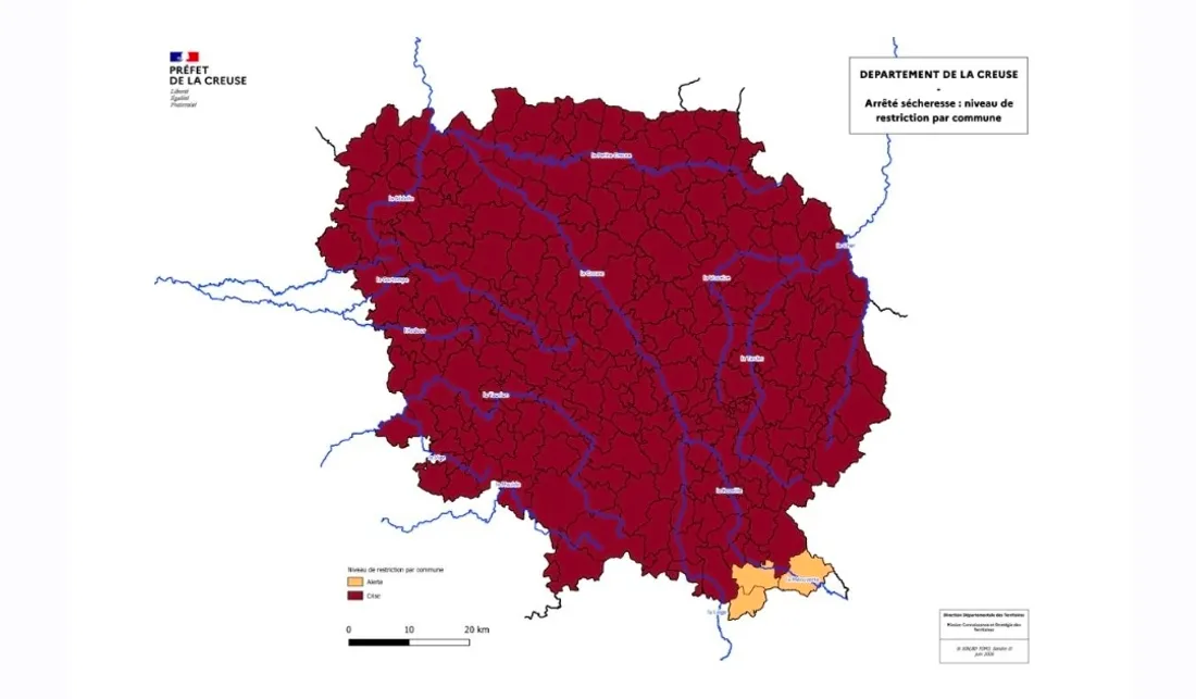 Carte sécheresse en Creuse au 24/06/2026
