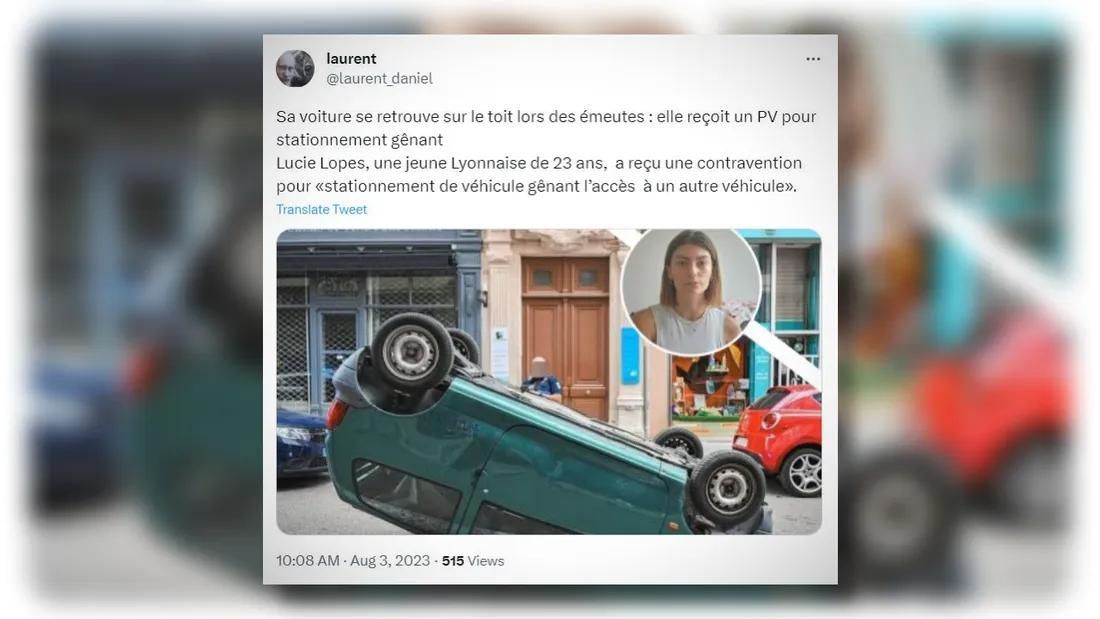 Elle reçoit une amende après que sa voiture a été retournée par des émeutiers