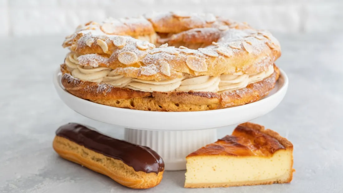 Illustration d'un Paris-Brest, d'un flan et d'un éclair au chocolat