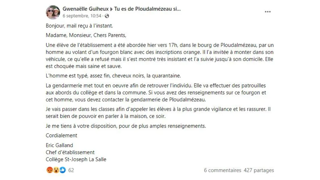 Le mail du chef d'établissement du Collège St-Joseph La Salle a été partagé sur les réseaux sociaux.