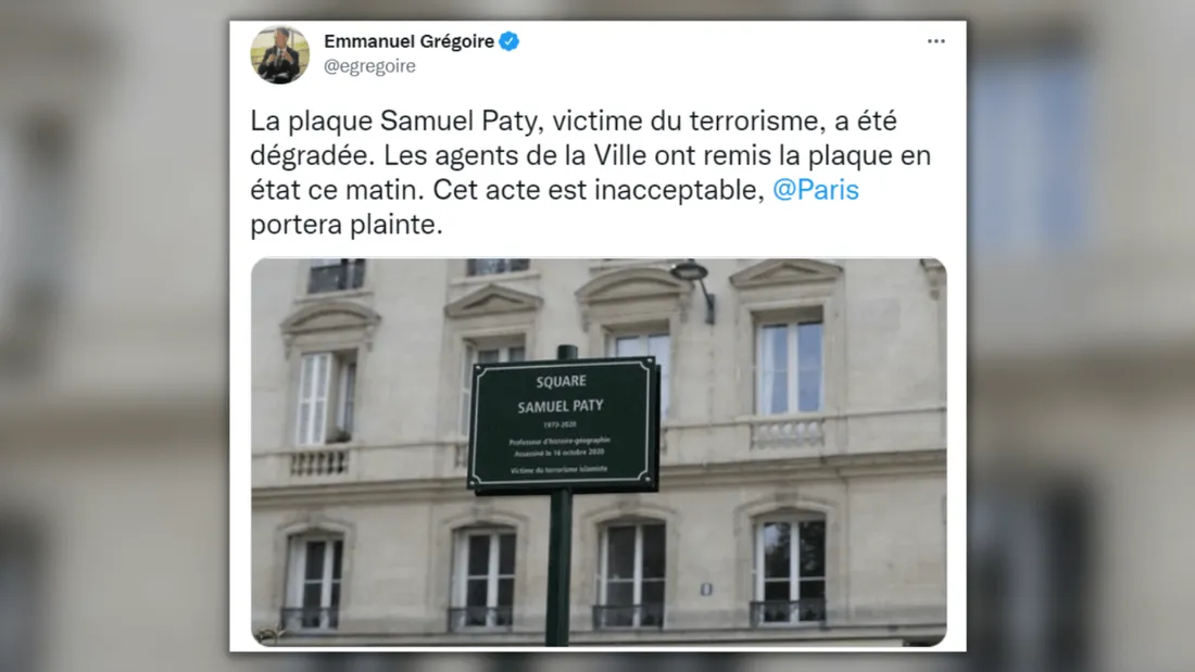 La plaque du square Samuel-Paty dégradée à Paris