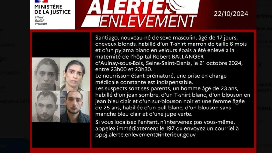 Disparition de Santiago : Alerte enlèvement pour un bébé de 17 jours à Aulnay-sous-Bois