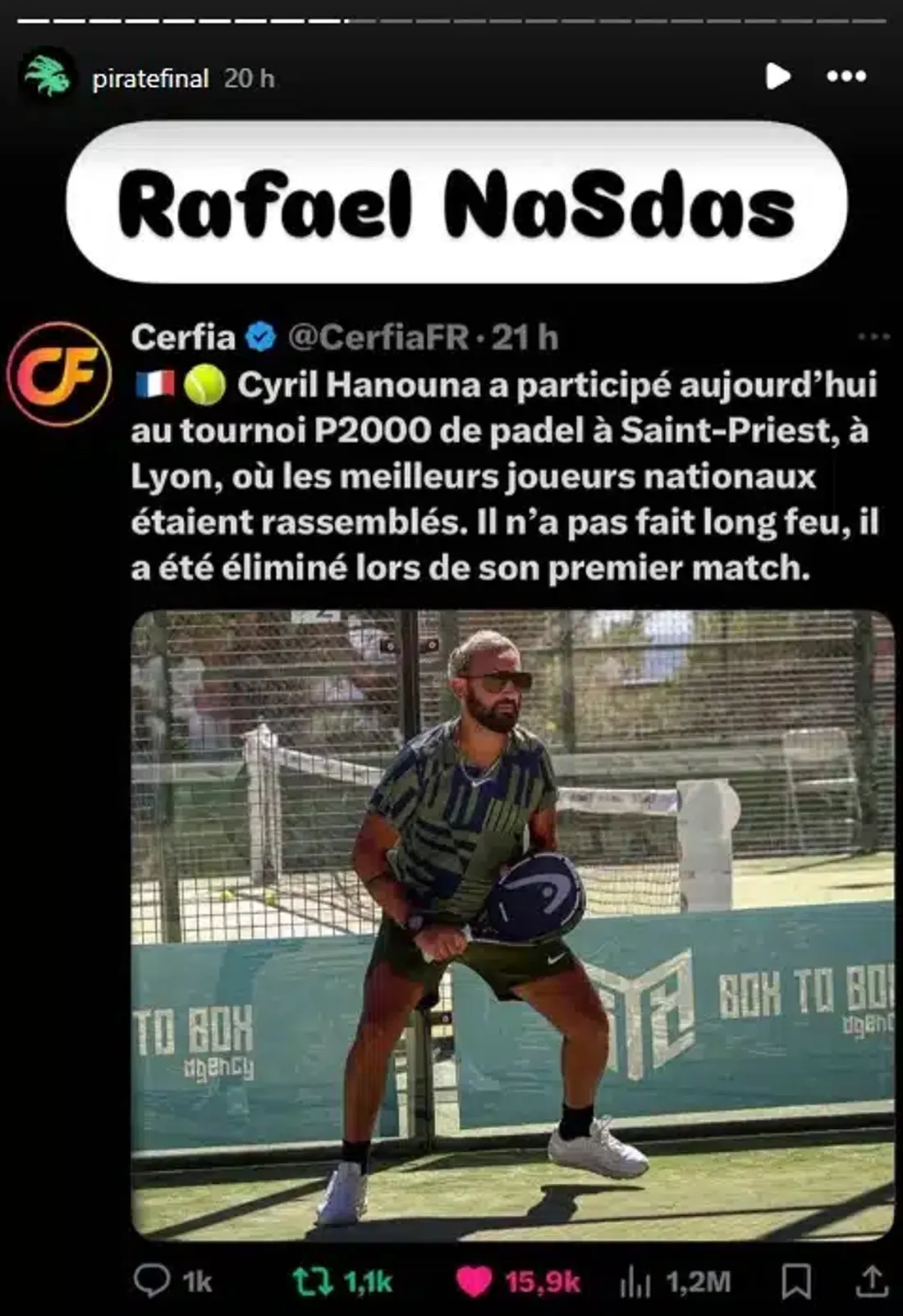 Booba s'amuse de la performance de Cyril Hanouna au padel