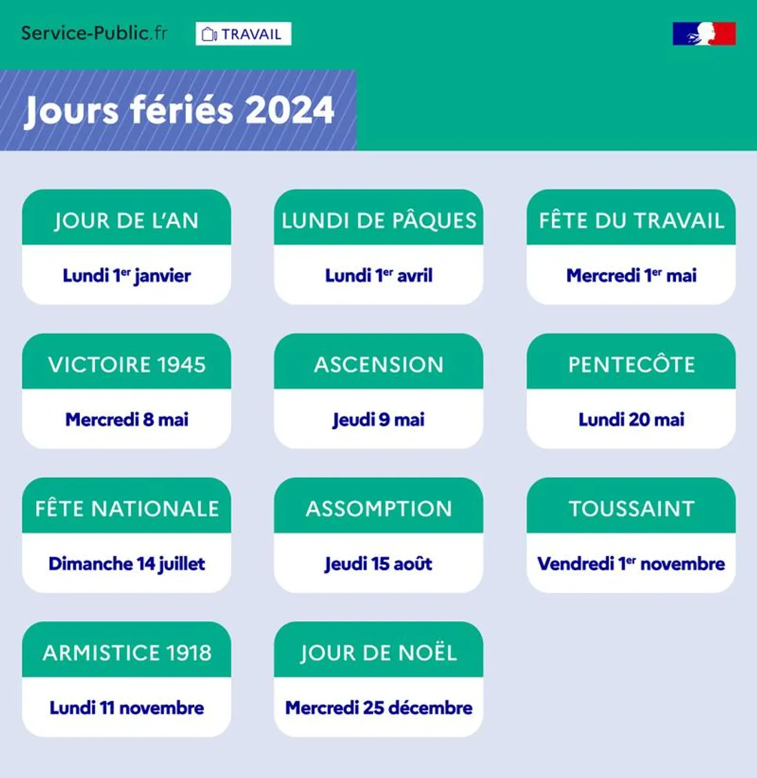 Jour fériés 2024 calendrier
