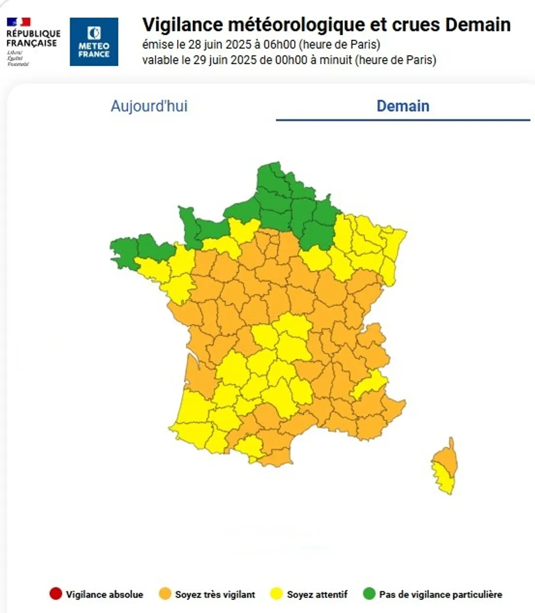 Vigilance météorologique émise par Météo France le 28 juin 2025 à 06h00 