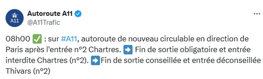 Compte X de l'autoroute A11 ce jeudi 21 août 