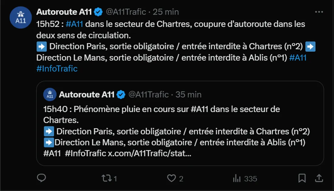 Capture d’écran du compte X de l'autoroute A11 ce mercredi 20 août à 16h20 