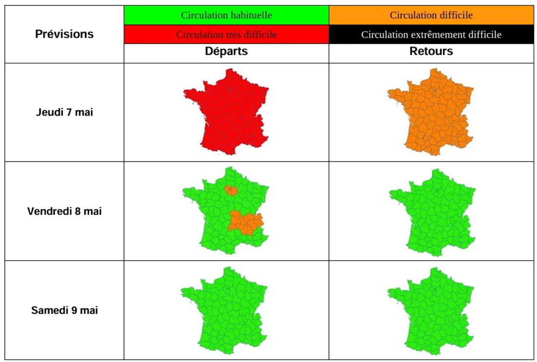 Prévisions Bison Futé - Période du jeudi 7 au dimanche 10 mai 2026 