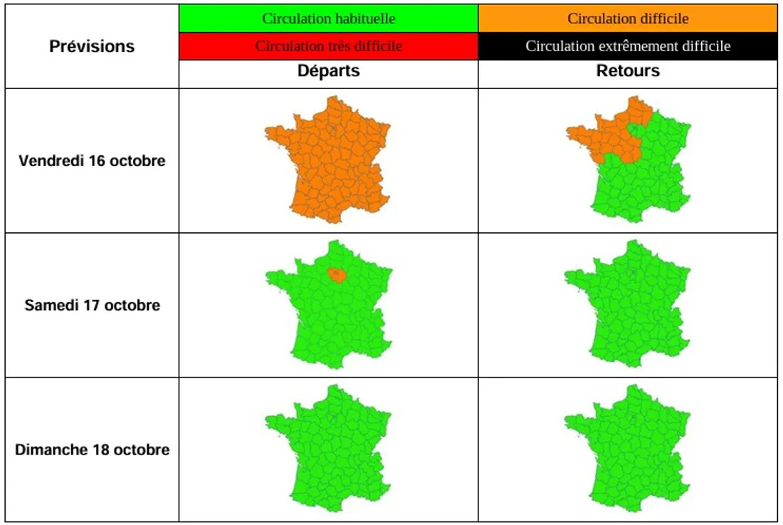 Prévisions Bison Futé - Période du vendredi 16 au dimanche 18 octobre 2026