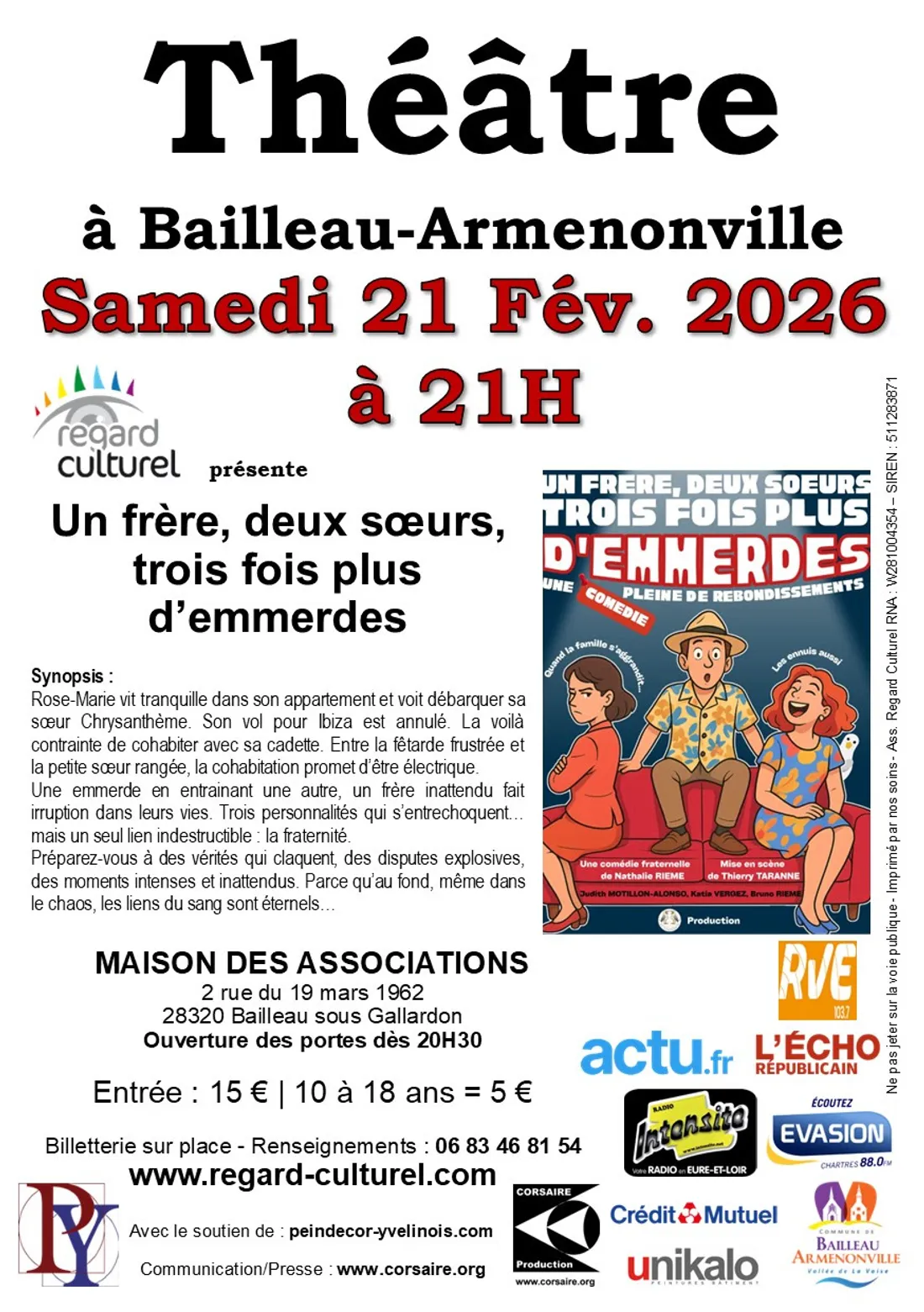 BAILLEAU-ARMENONVILLE - Théâtre : Un frère, deux sœurs, trois fois plus d’emmerdes