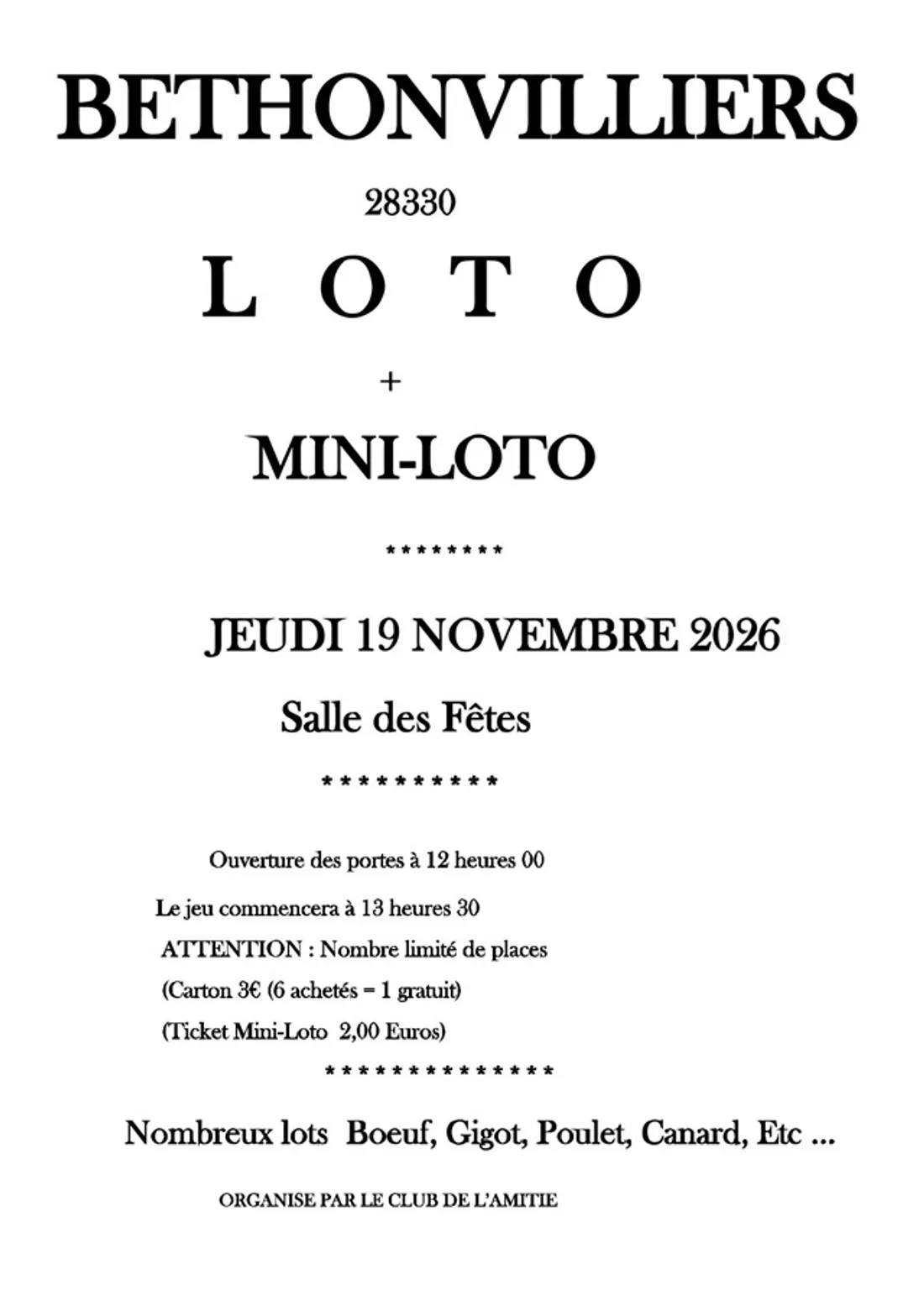 BÉTHONVILLIERS - Loto du club de l'amitié