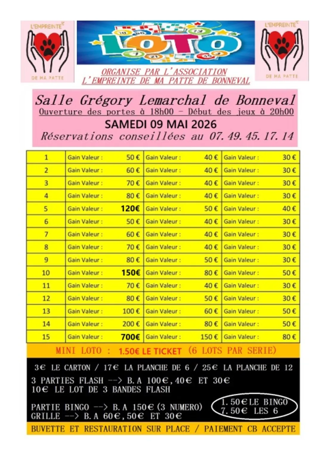 BONNEVAL - Loto de l'association Empreinte de ma patte