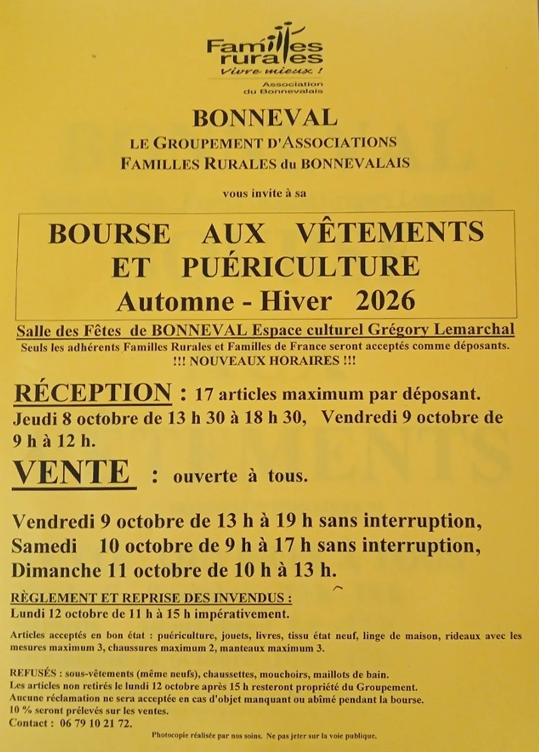 BONNEVAL - Bourse aux vêtements des Familles Rurales