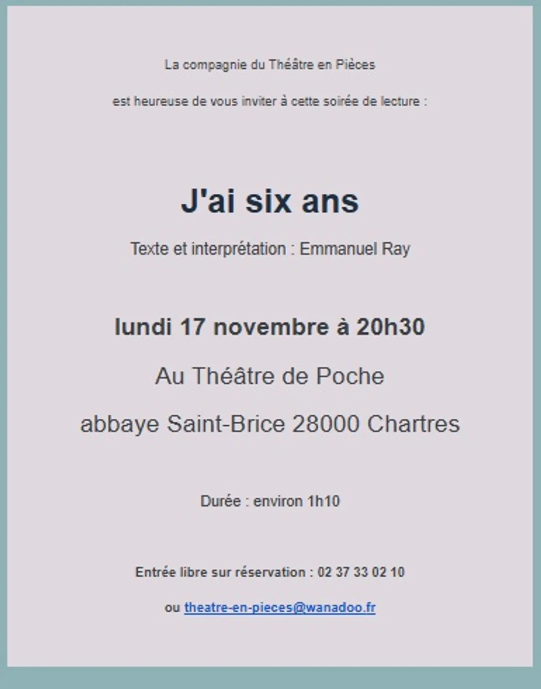 CHARTRES - Lecture : J'ai six ans