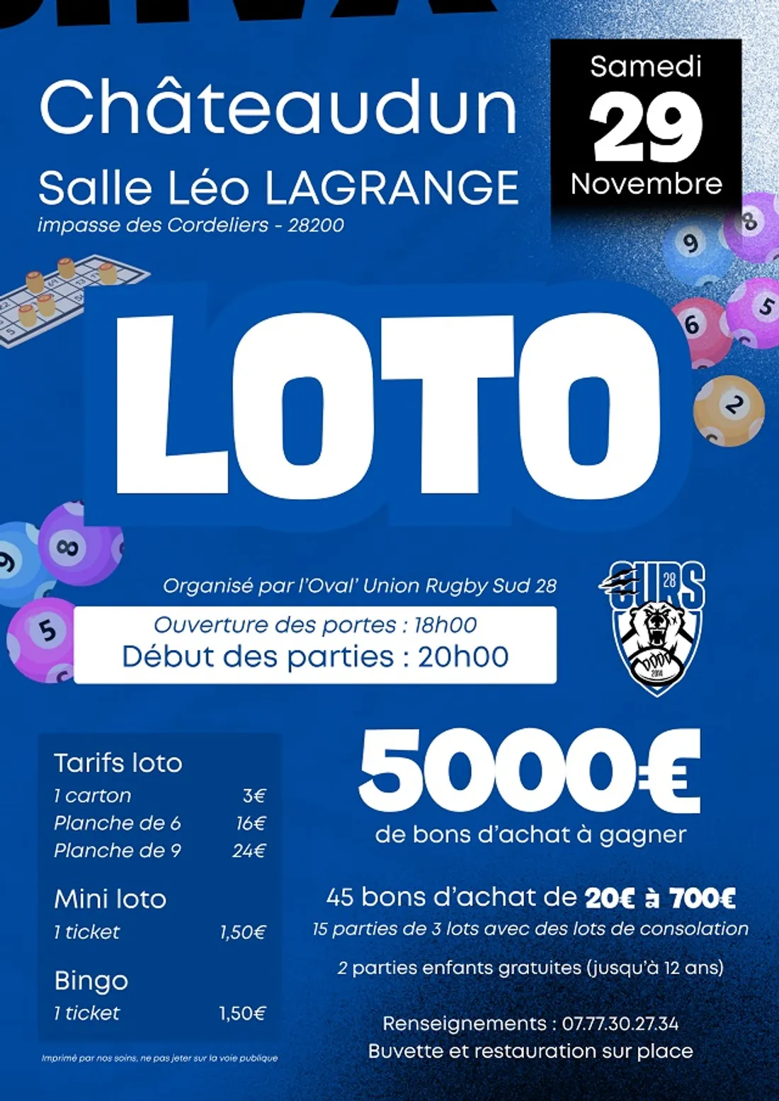 CHÂTEAUDUN - Loto de l'Oval Union Rugby Sud 28