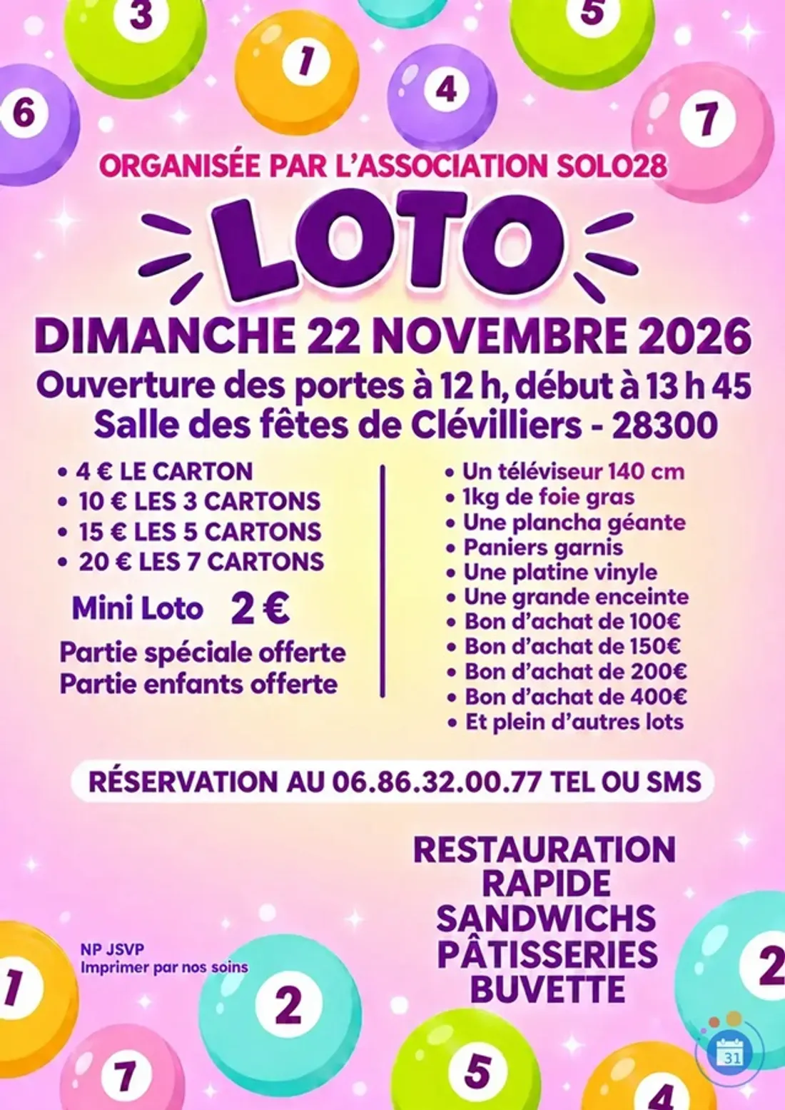 CLÉVILLIERS - Loto de l'association Solo 28