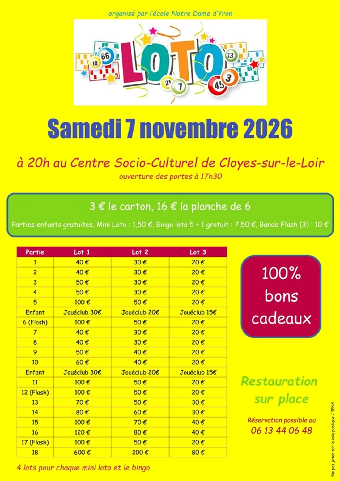 CLOYES-SUR-LE-LOIR - Loto de l'école Notre-Dame d'Yron
