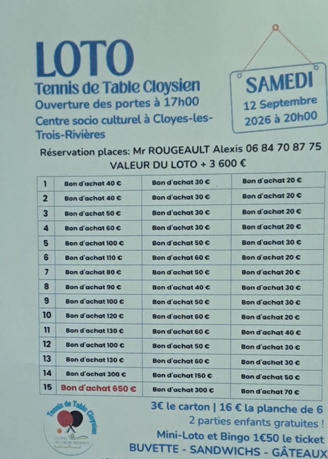 CLOYES-SUR-LE-LOIR - Loto du Tennis de Table Cloysien