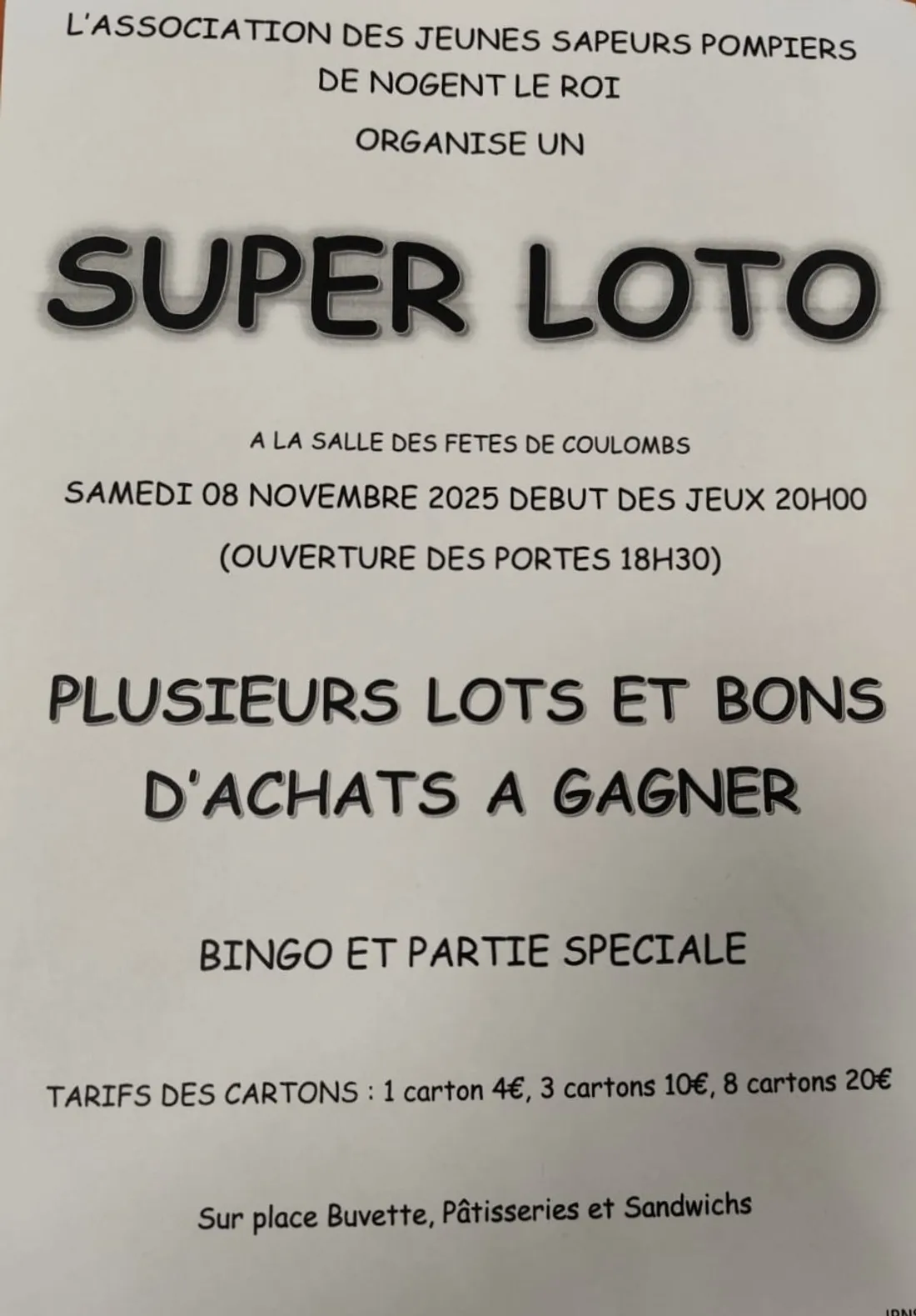 COULOMBS - Loto des Jeunes sapeurs-pompiers de Nogent-le-Roi