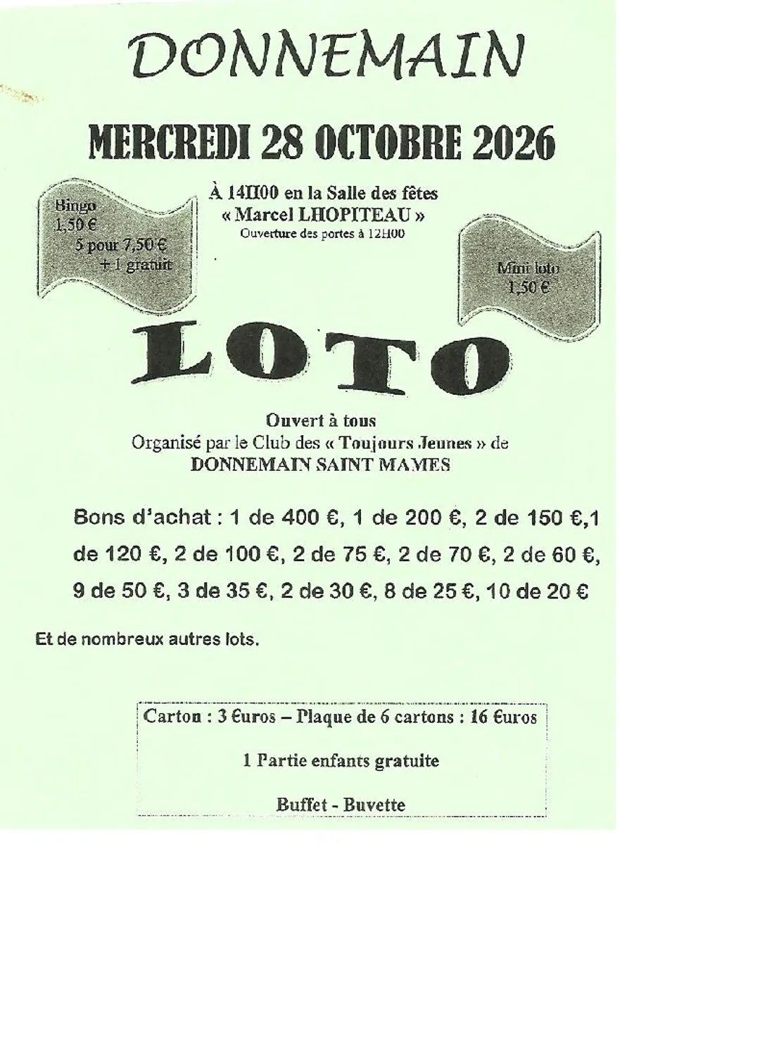 DONNEMAIN - Loto du Club des Toujours Jeunes