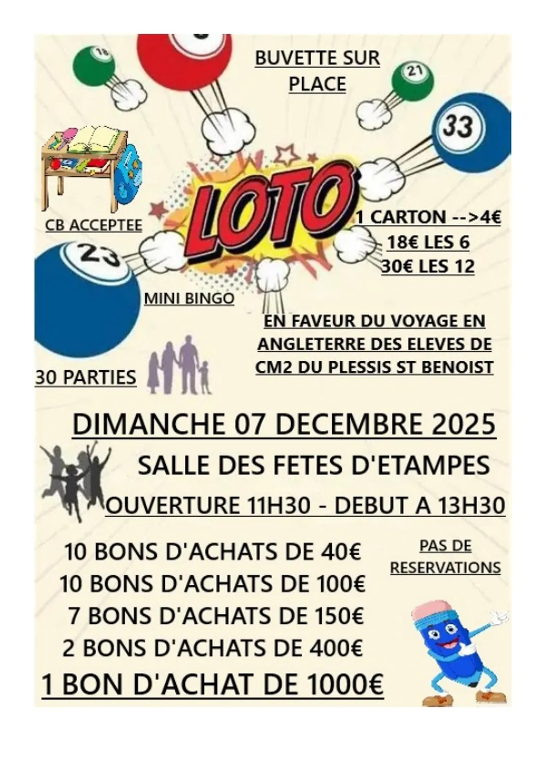 ÉTAMPES (91) - Loto en faveur du voyage en Angleterre des élèves du Plessis-Benoist