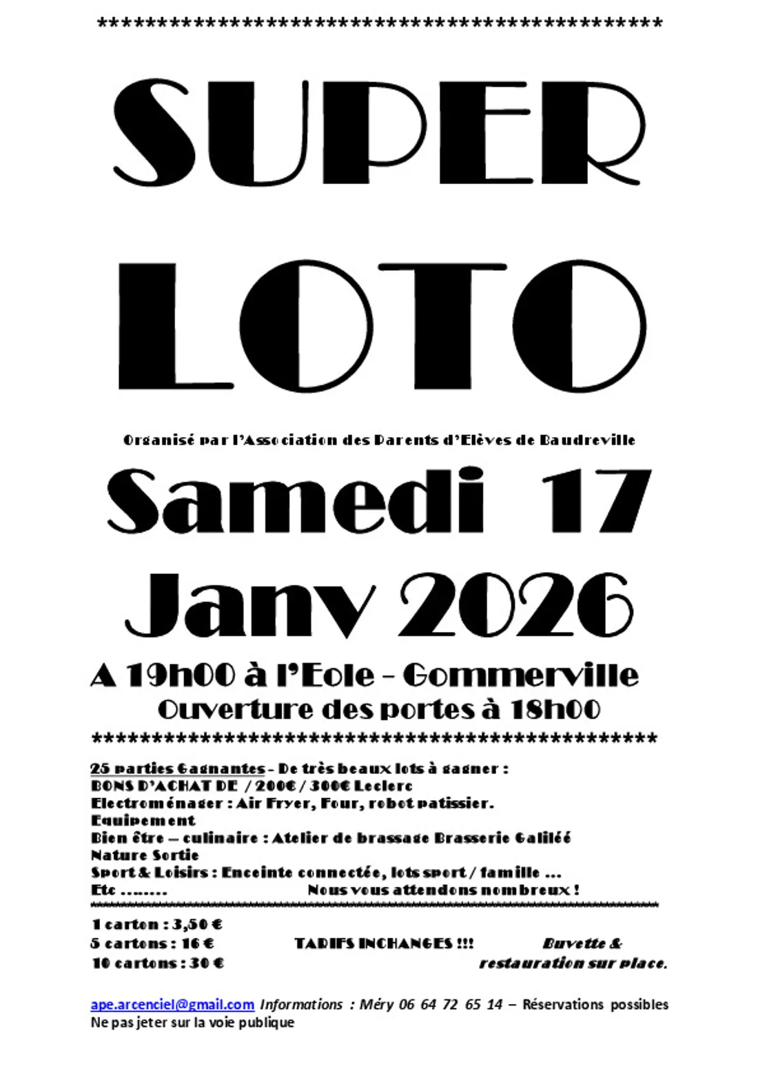 GOMMERVILLE - Loto de l'APE de l'école de Baudreville