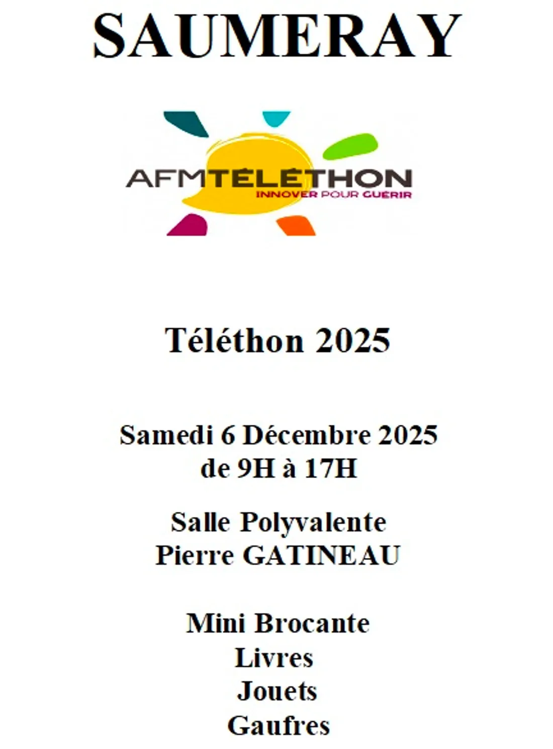 SAUMERAY - Téléthon : mini brocante, livres, jouets