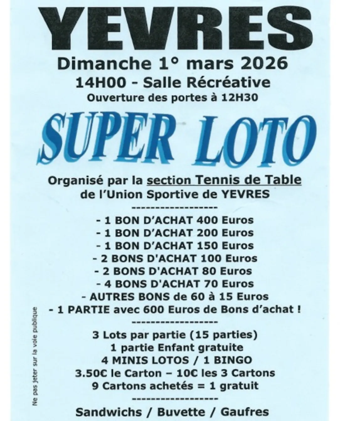 YÈVRES - Loto de l'US Yèvres Tennis de table