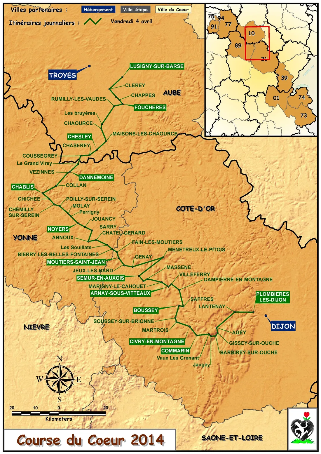 La carte présentant les différentes étapes en Côte-d'Or de la journée de vendredi 24 mars.