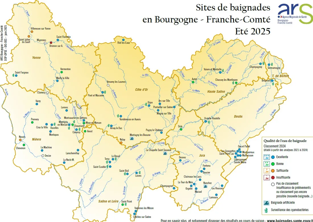 Carte précisant le niveau de qualité donné aux sites de baignade de la région 