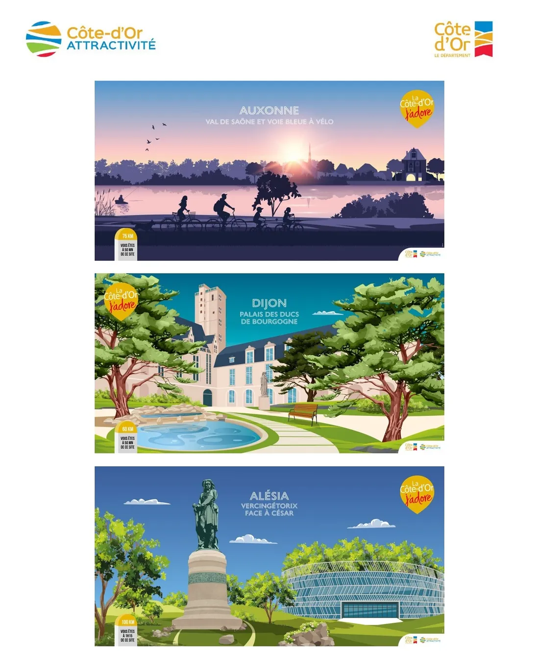 Trois illustrations parmi les 20 exposées sur l'aire de Beaune