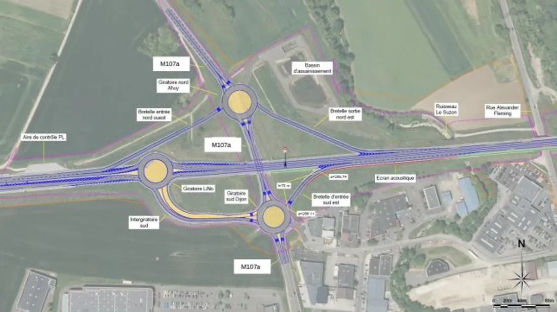 Le plan du nouvel aménagement de la LINO au niveau d'Ahuy