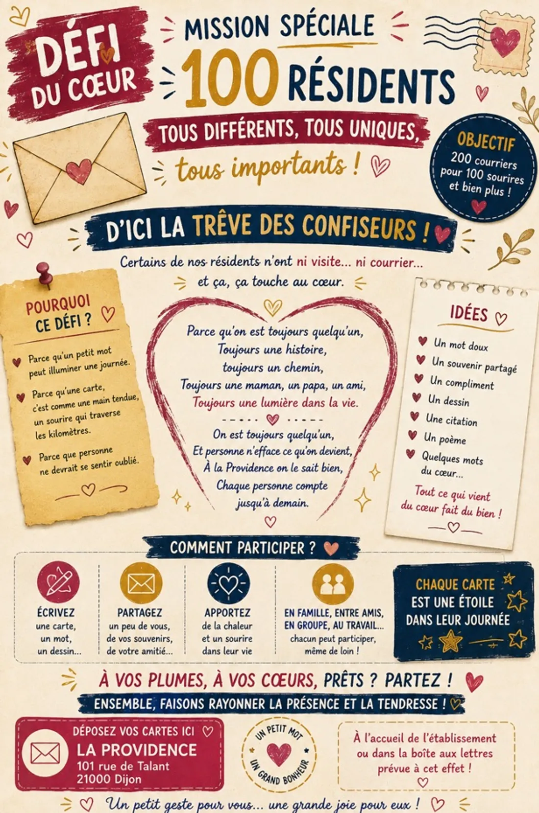 Affiche du Défi du cœur de La Providence à Dijon pour envoyer 200 courriers à ses résidents