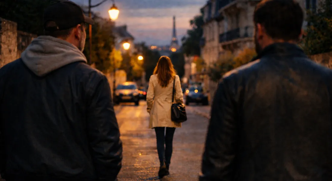 Deux hommes regardent une femme marcher